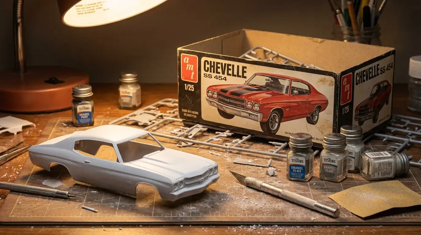Chevelle SS 454 model kit build in progress on a hobby workbench