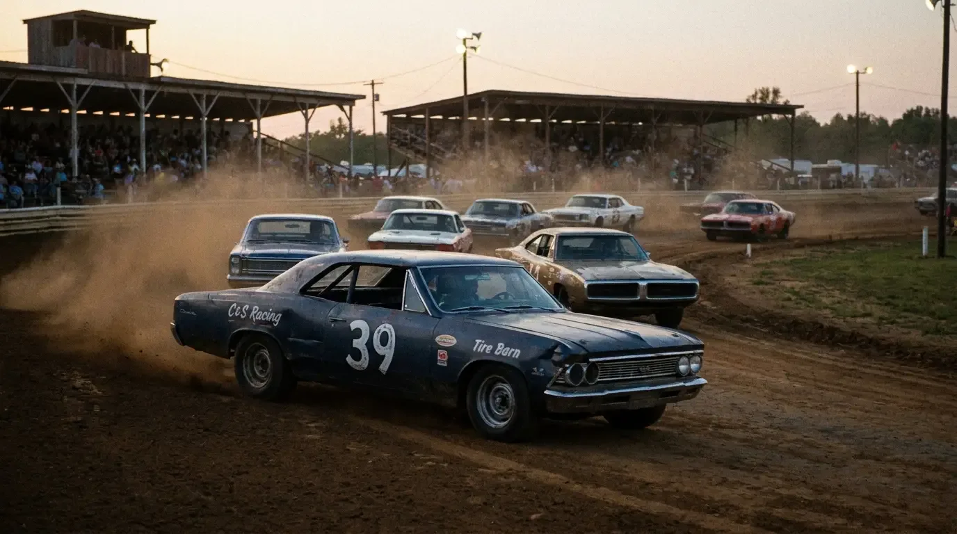1966 Chevrolet Chevelle SS396 privateer racer — short track dust at dusk