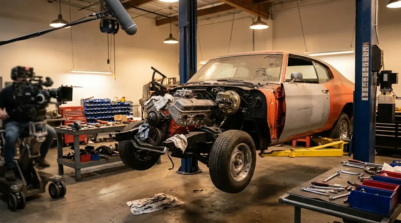 1970 Chevelle SS on a lift mid-restoration in a garage-build TV set