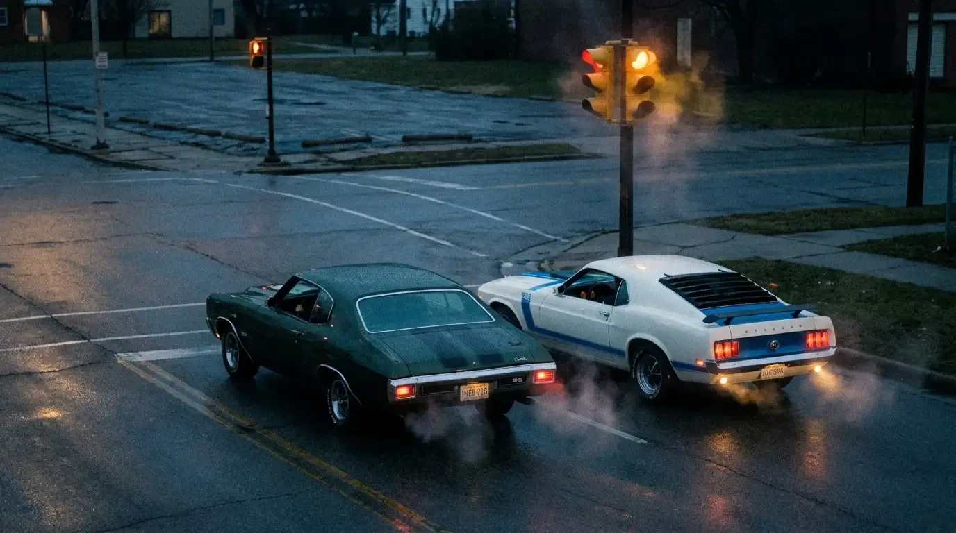 1970 Chevrolet Chevelle SS and Ford Mustang - stoplight showdown at dusk