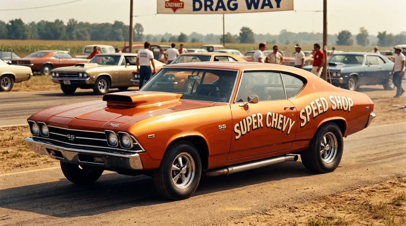 Dealer-tuned drag racing Chevelle in the staging lanes with hand-lettered livery