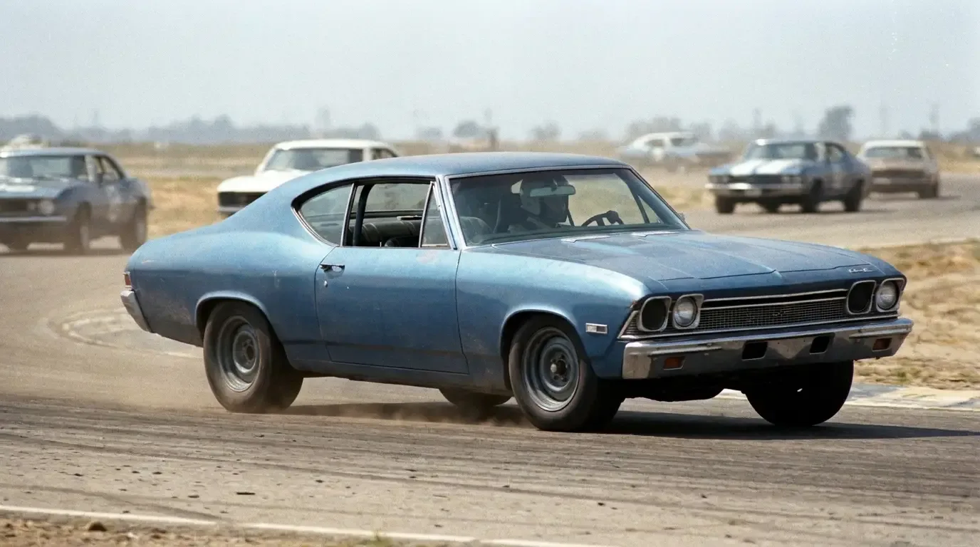 1968 Chevrolet Chevelle cornering hard on a road racing circuit