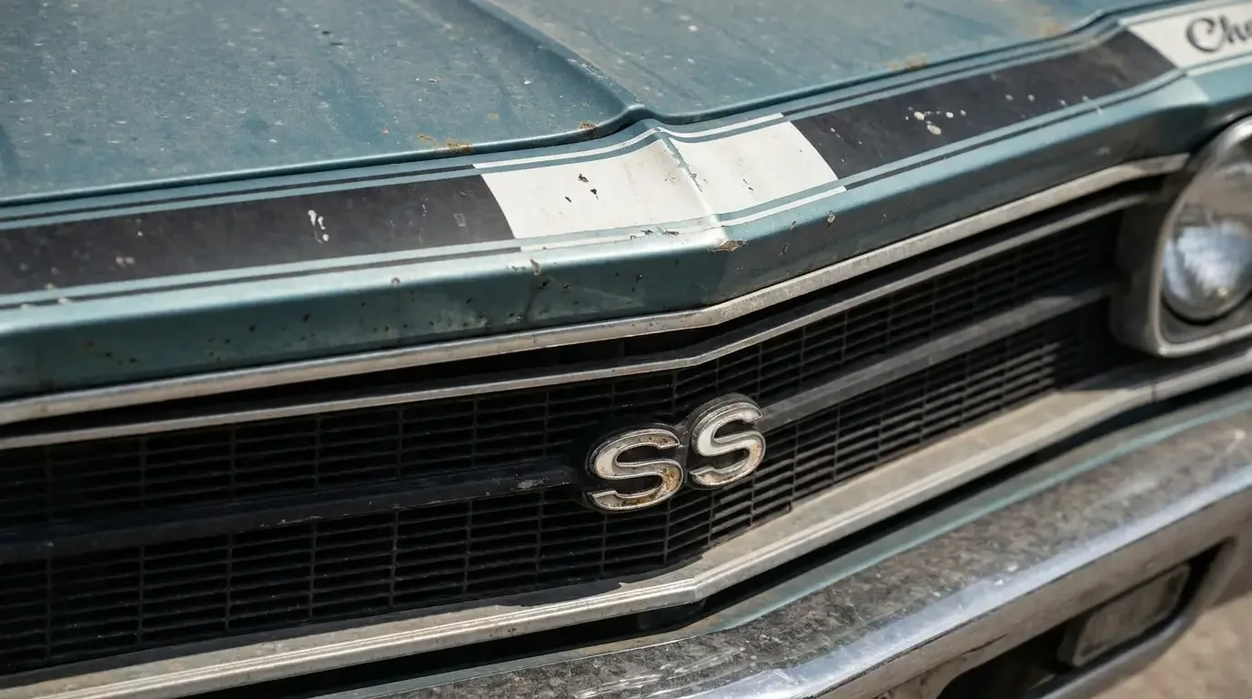 1969 Chevelle SS396 grille badge and bumblebee nose stripe detail