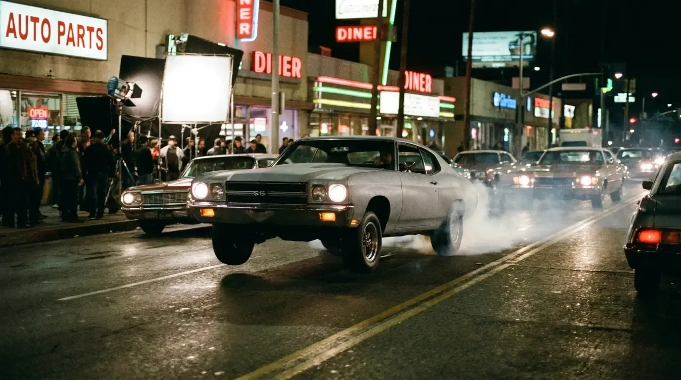 Gray primer 1970 Chevelle SS wheelstanding on a nighttime film set street