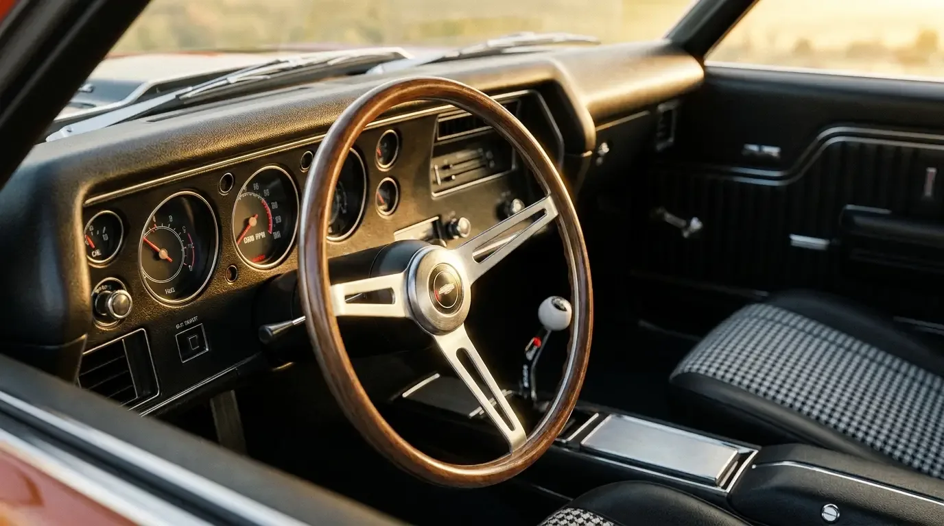 1970 Chevelle SS instrument cluster and walnut-rim steering wheel detail