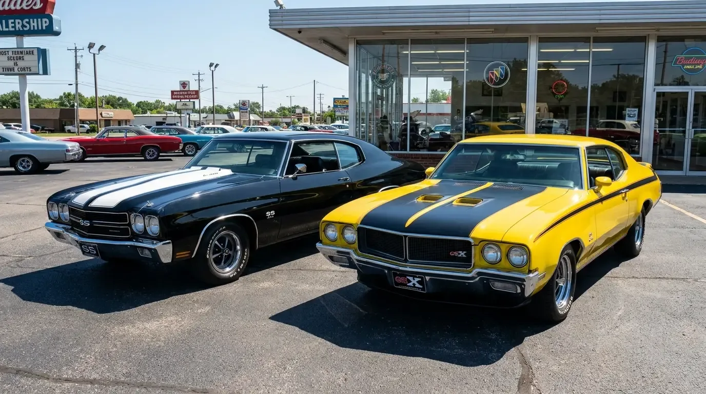 1970 Chevelle SS454 and Buick GSX — dealership lot comparison