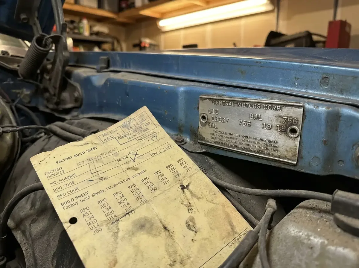 1970 Chevrolet Chevelle - cowl tag and factory build sheet detail