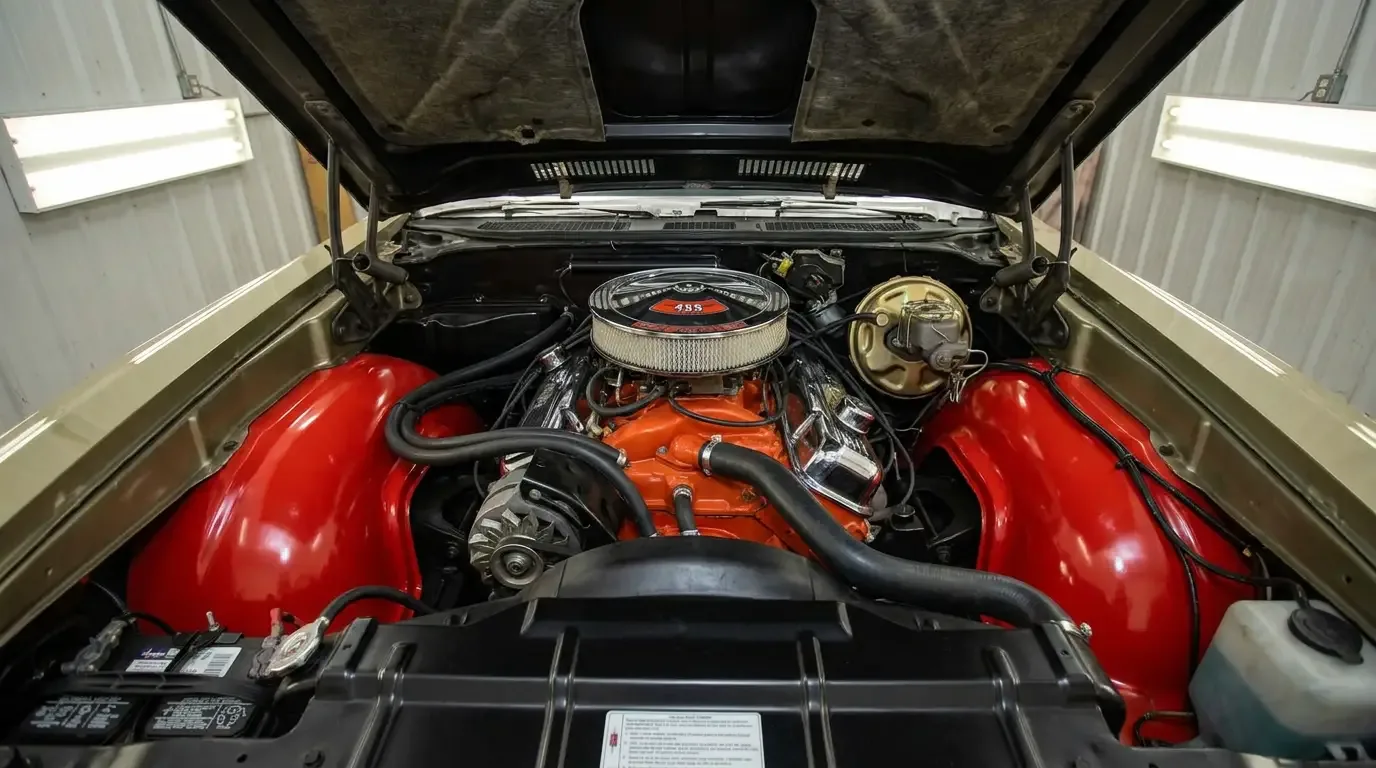 1970 Oldsmobile 442 W-30 engine bay with fiberglass hood and red inner fenders