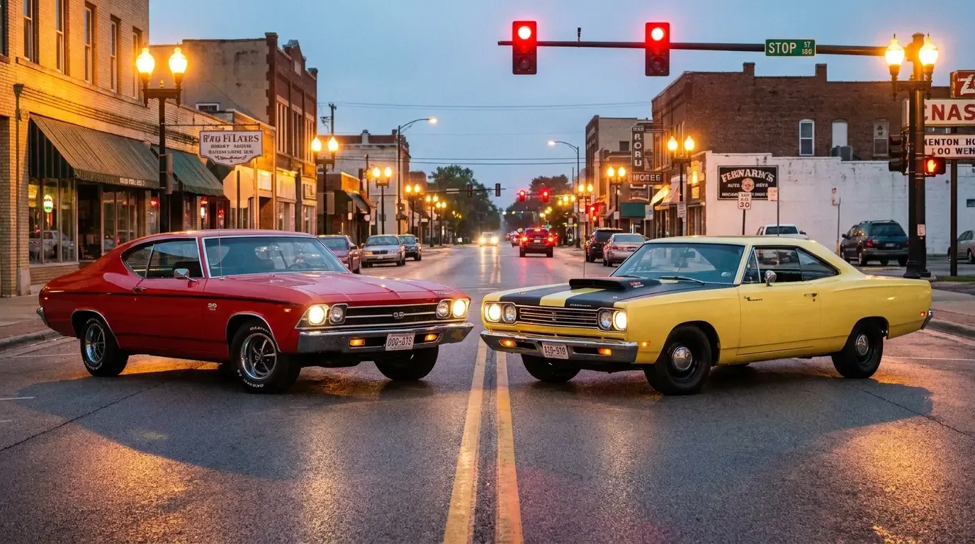 1969 Chevrolet Chevelle SS396 and Plymouth Road Runner - stoplight matchup at dusk