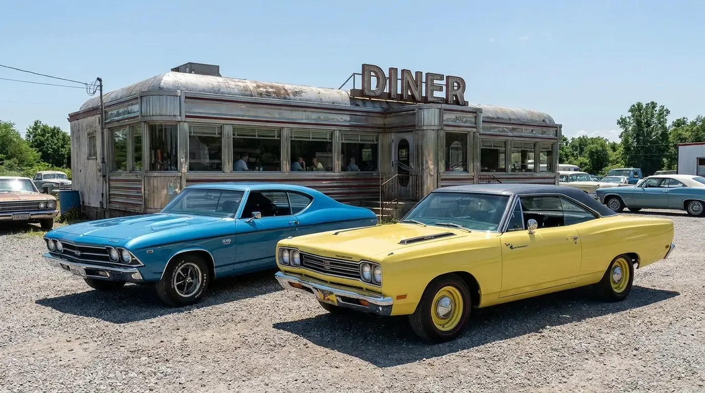 1969 Chevelle SS396 and Plymouth Road Runner — diner comparison