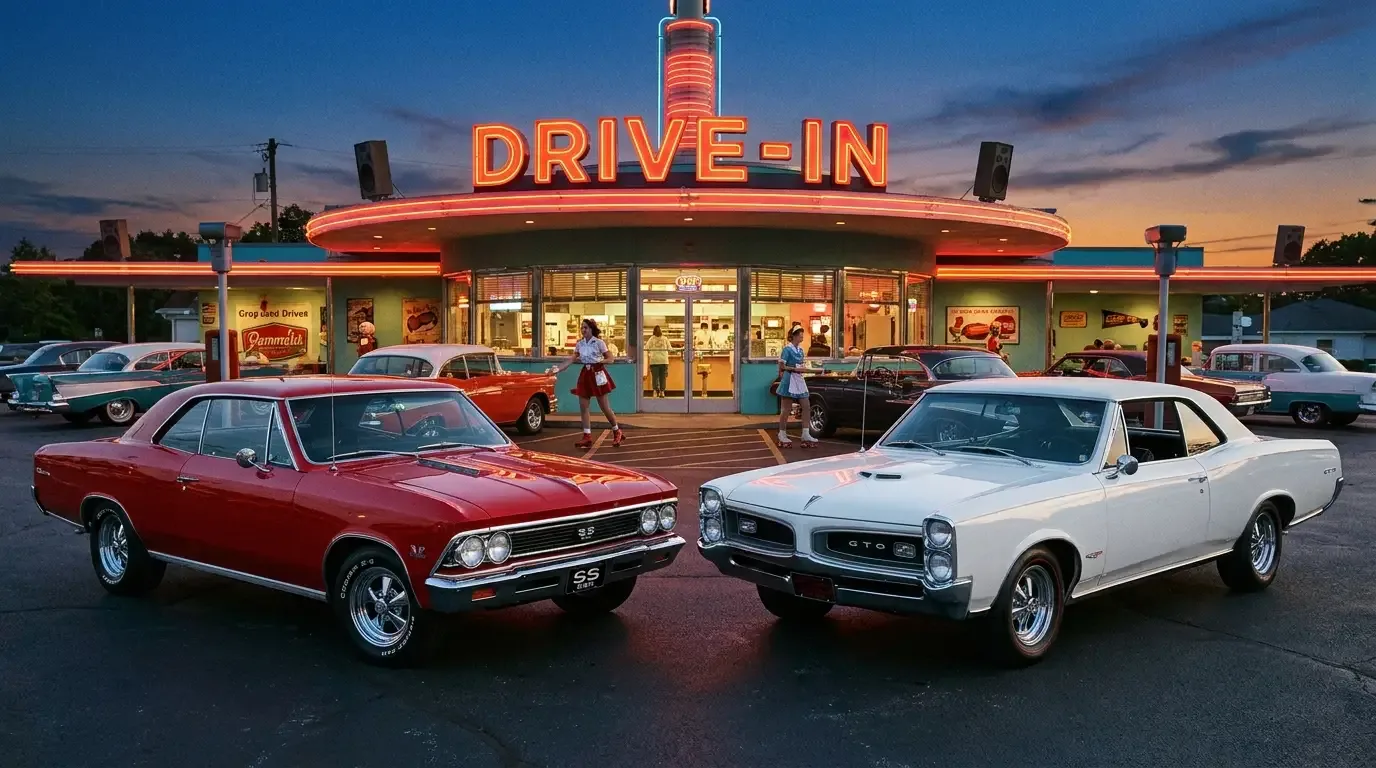 1966 Chevrolet Chevelle SS 396 and Pontiac GTO parked together at a drive-in