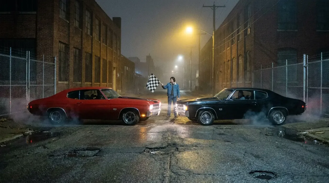 1970s Chevrolet Chevelles — nighttime street race staging