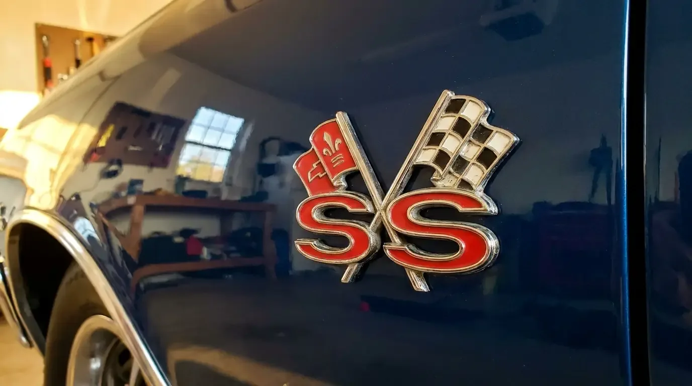 Chevrolet Chevelle SS badge — close-up chrome emblem detail