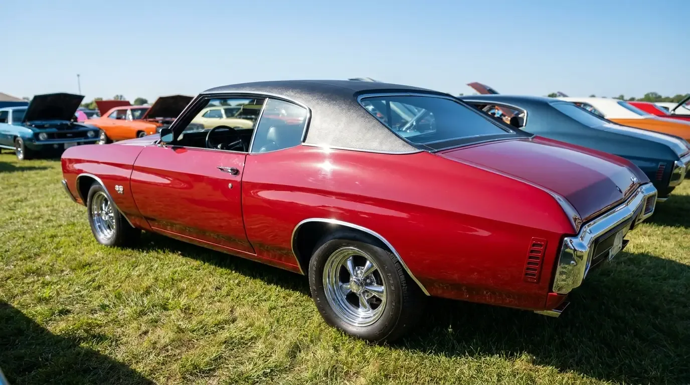1970 Chevelle SS in Cranberry Red with black vinyl top at a car show