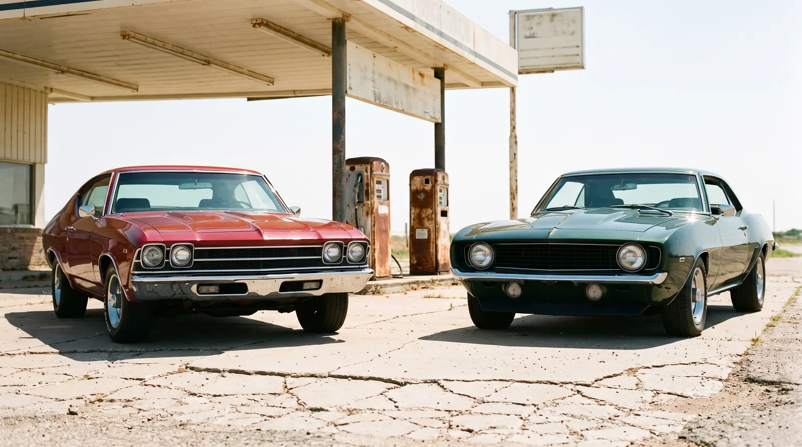 1969 Chevrolet Chevelle SS and Camaro SS, nose to nose at an abandoned gas station