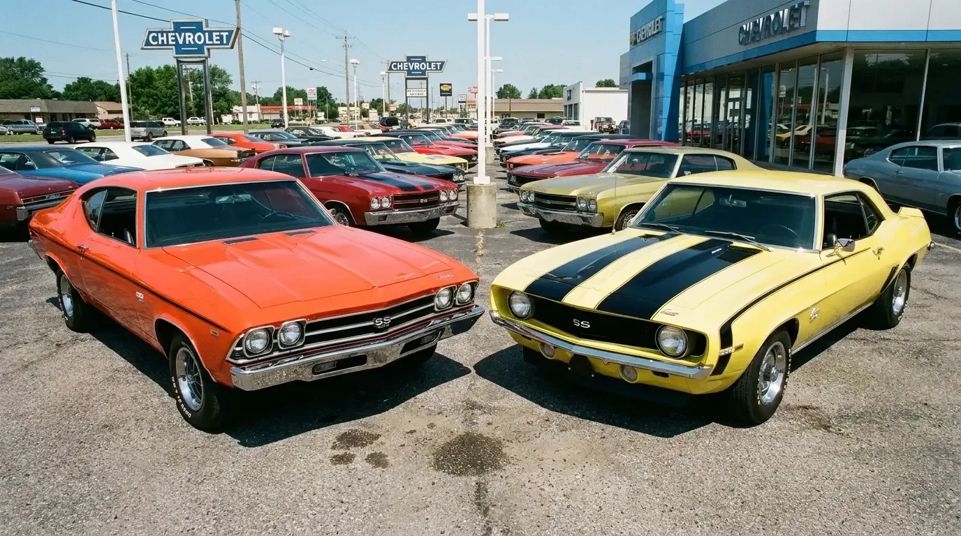 1969 Chevelle SS396 and Camaro SS396 — dealer lot rivals