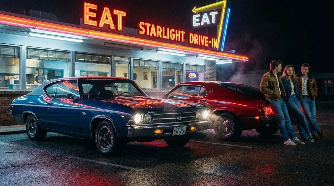 Chevelle SS 396 and Mustang Mach 1 parked at a night drive-in