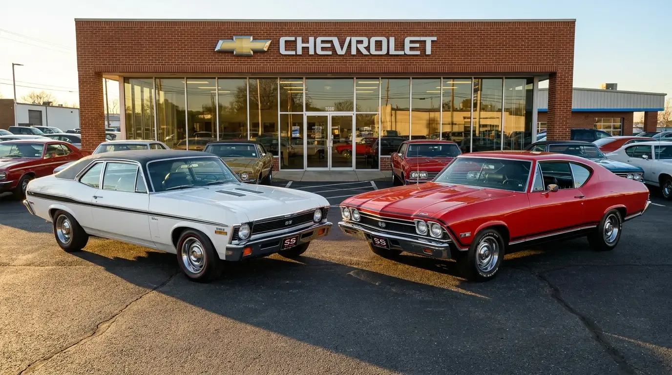 1968 Chevrolet Nova SS396 and Chevelle SS396 — dealership lot comparison