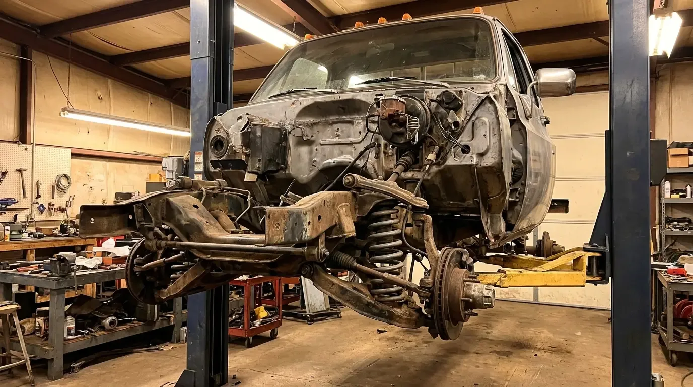Square body Chevrolet C10 -- restoration step showing front suspension