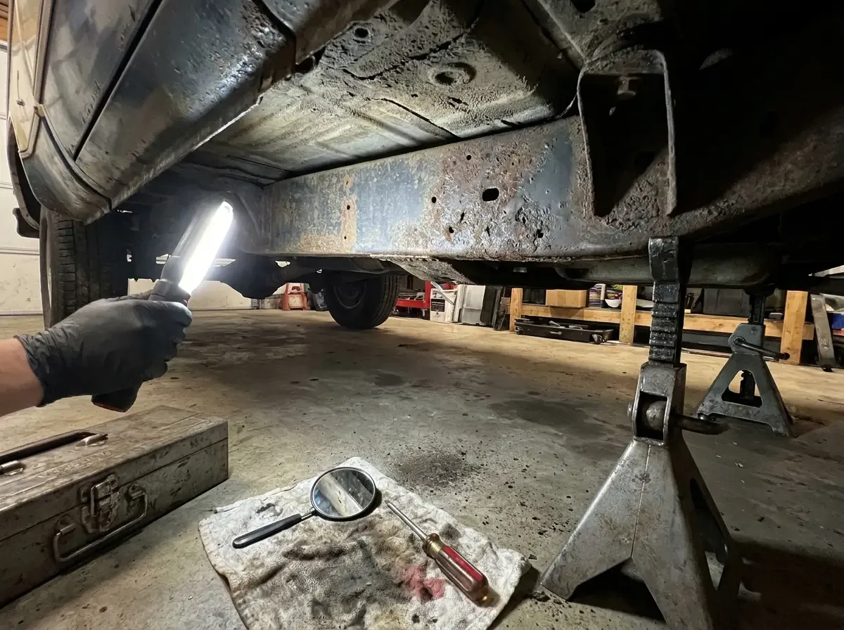 1970s Chevrolet C10 frame rail -- flashlight inspection on jack stands