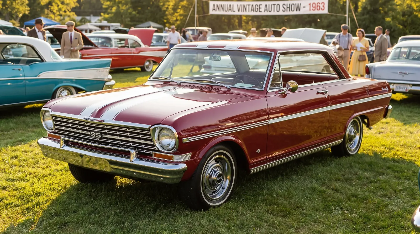 Red 1963 Chevrolet Chevy II Nova 400 Super Sport with twin sport stripes at a car show