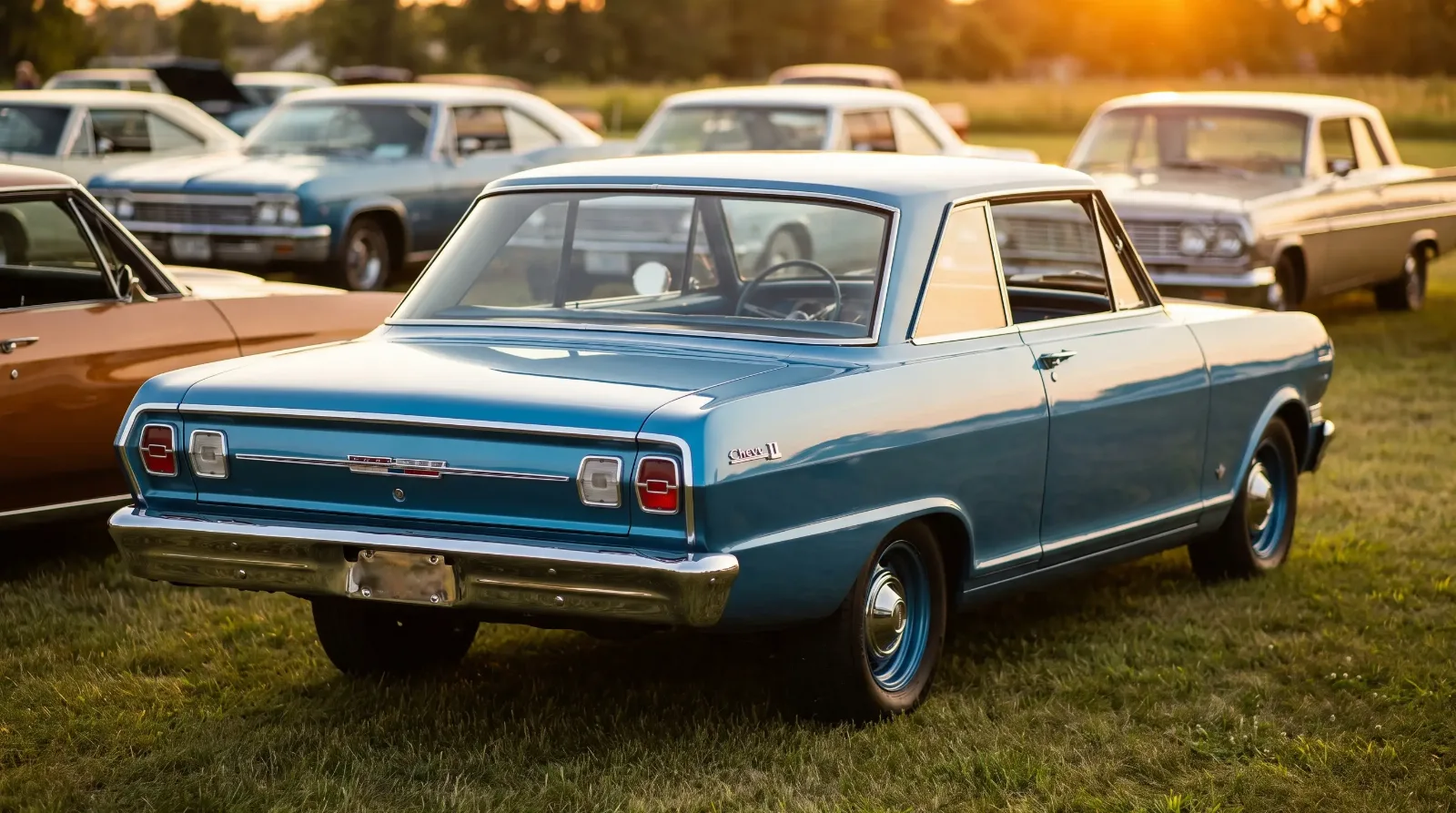 Blue 1965 Chevrolet Chevy II Nova SS with revised grille and taillights at a car club meet