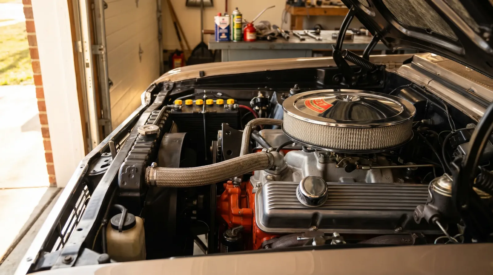 Close-up of a 1965 Chevrolet Chevy II Nova SS 327 small-block V8 engine bay with chrome air cleaner and finned valve covers