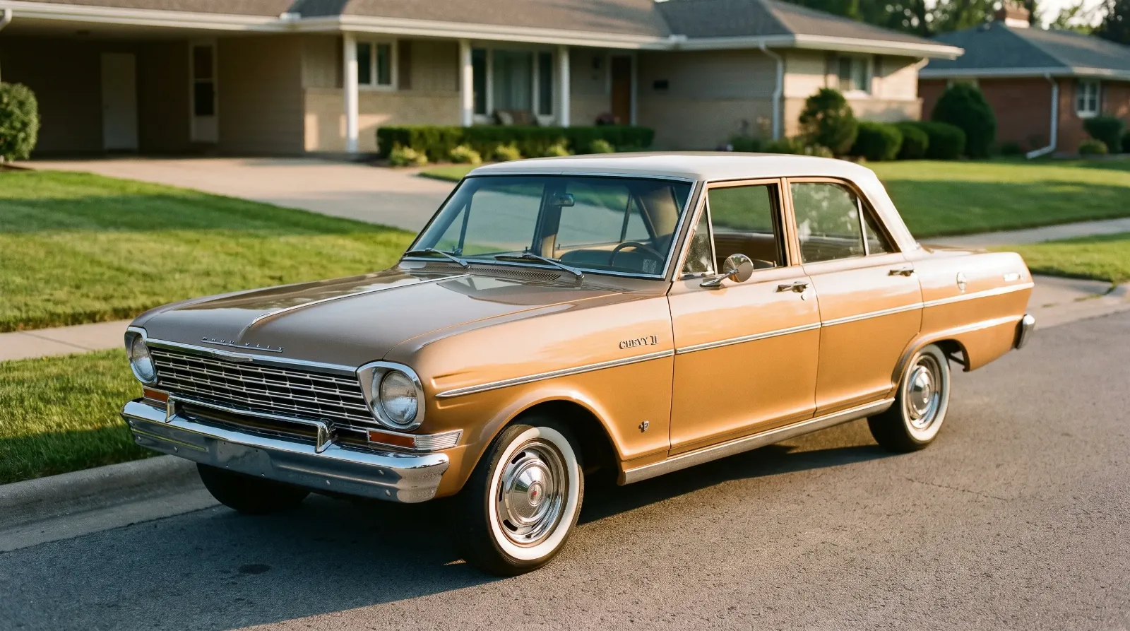 1962 Chevrolet Chevy II compact sedan parked in a suburban driveway in period two-tone paint