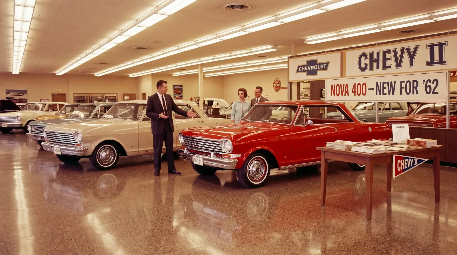 1962 Chevrolet dealership showroom with a Nova 400 Sport Coupe beside a base Chevy II 100 sedan