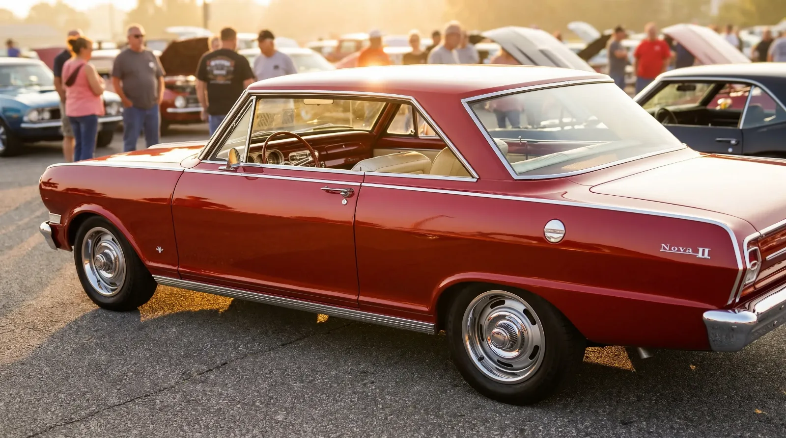 1962 Chevy II Nova 400 Sport Coupe in static show stance with extra chrome brightwork at golden hour