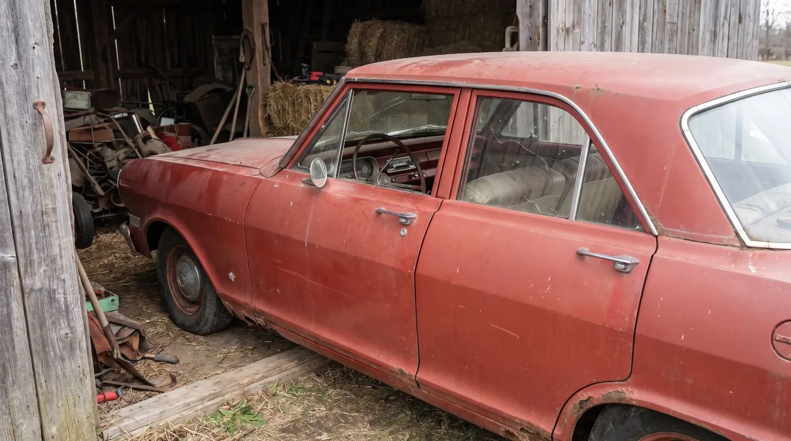 Weathered original-paint 1963 Chevy II sedan parked in a barn doorway