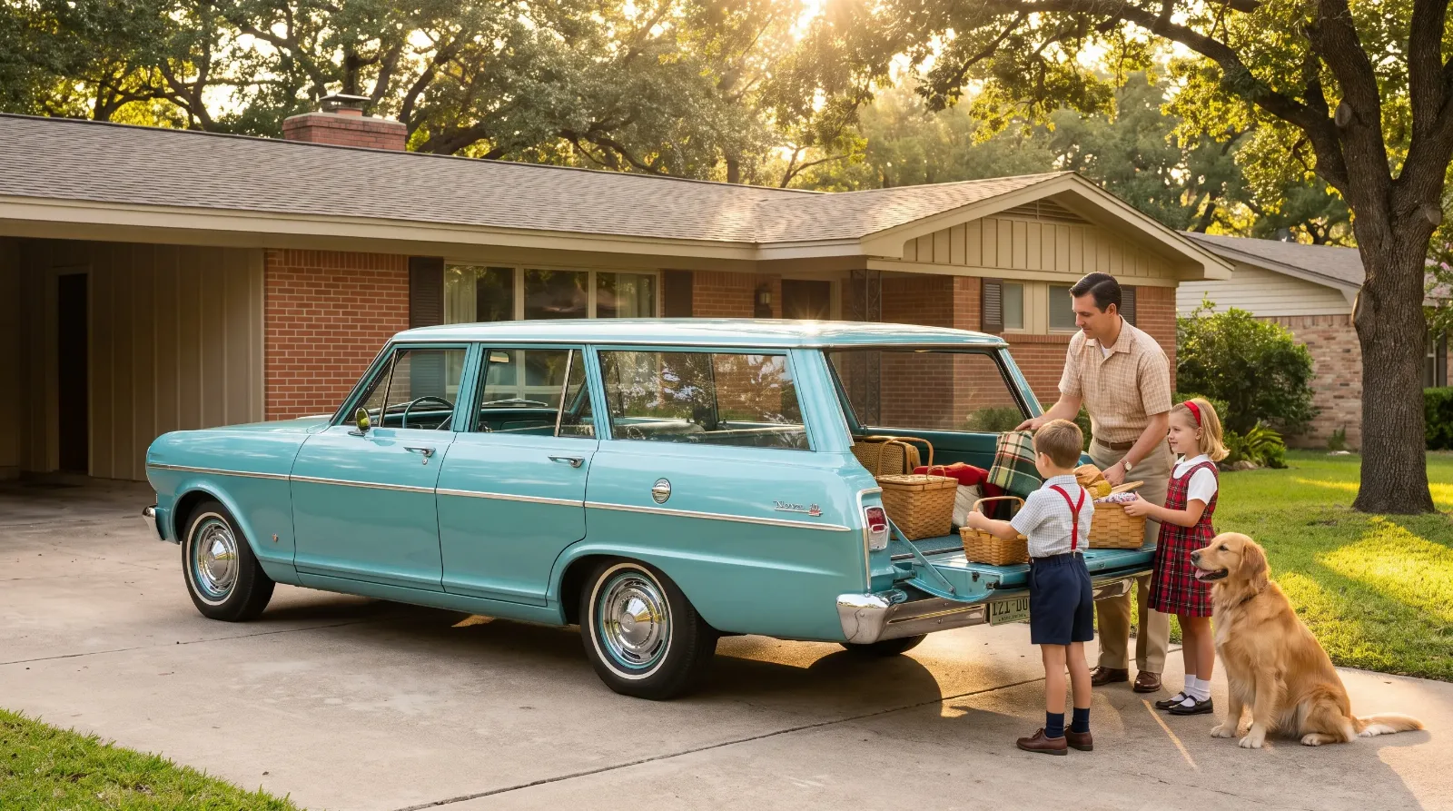 1962 Chevrolet Chevy II Nova 400 station wagon parked in a suburban driveway with tailgate down