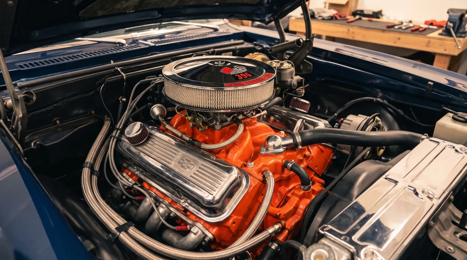 Close engine-bay detail of a 1968 Chevrolet Nova SS 396 big-block V8 with factory orange paint and chrome air cleaner