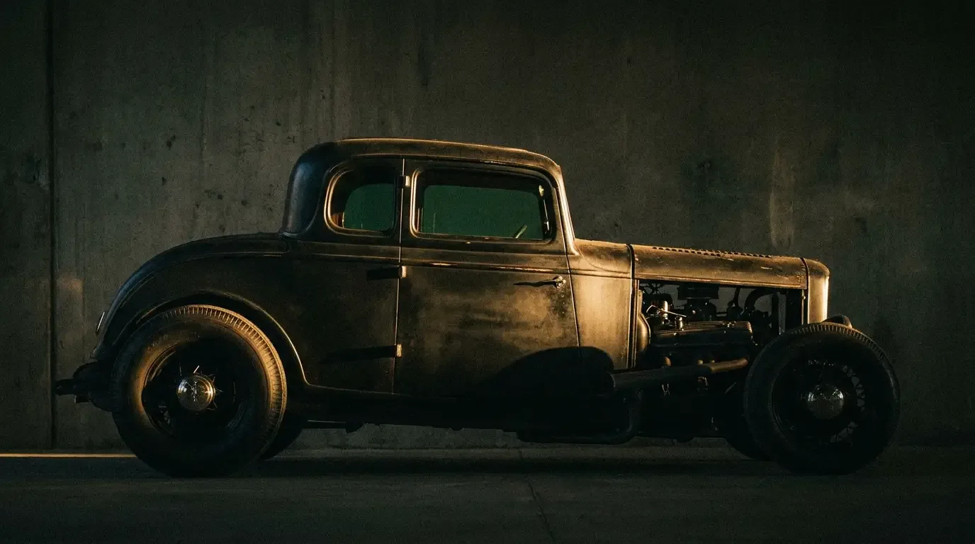 Chopped-top hot-rod coupe in side profile with a dramatically lowered roofline under moody side lighting