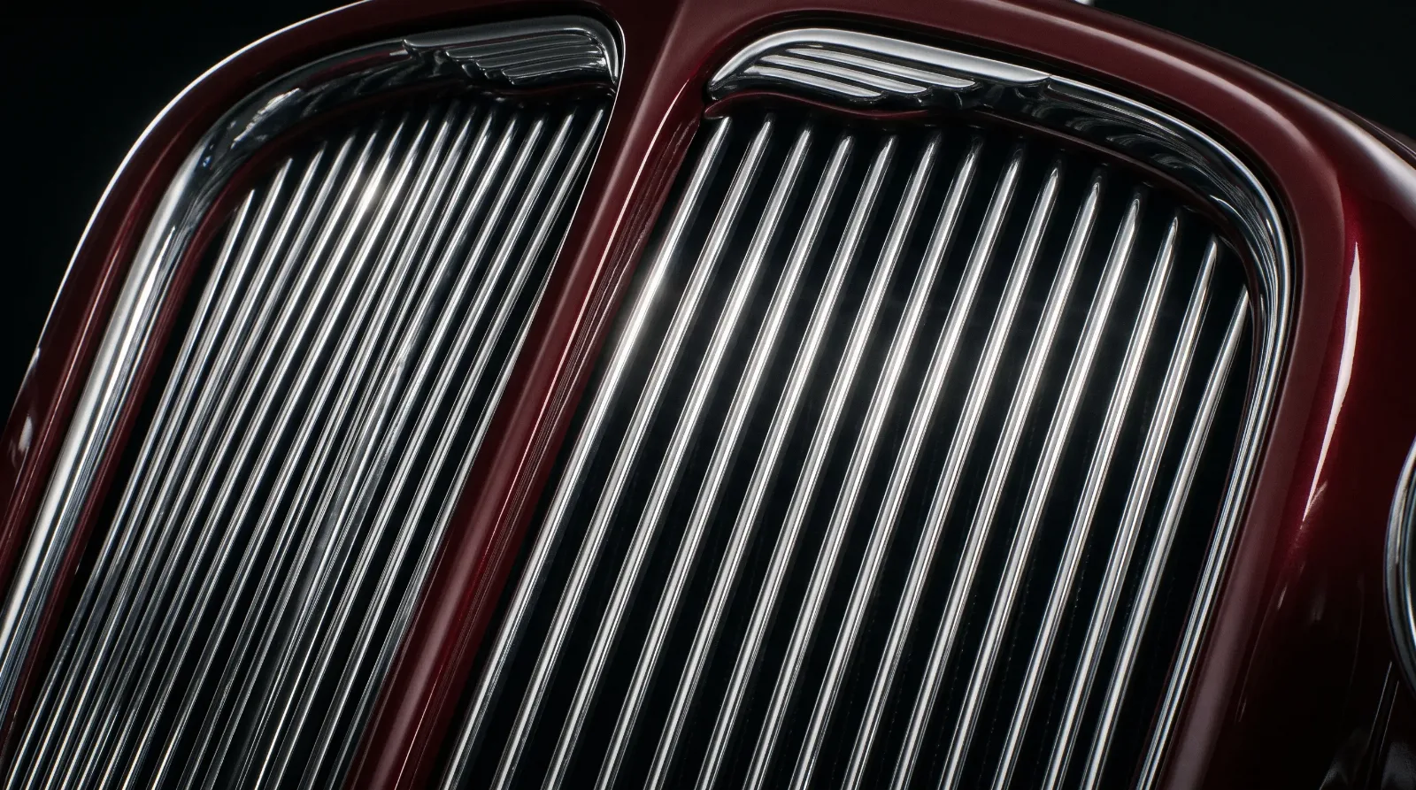 1930s raked chrome grille with narrow vertical bars
