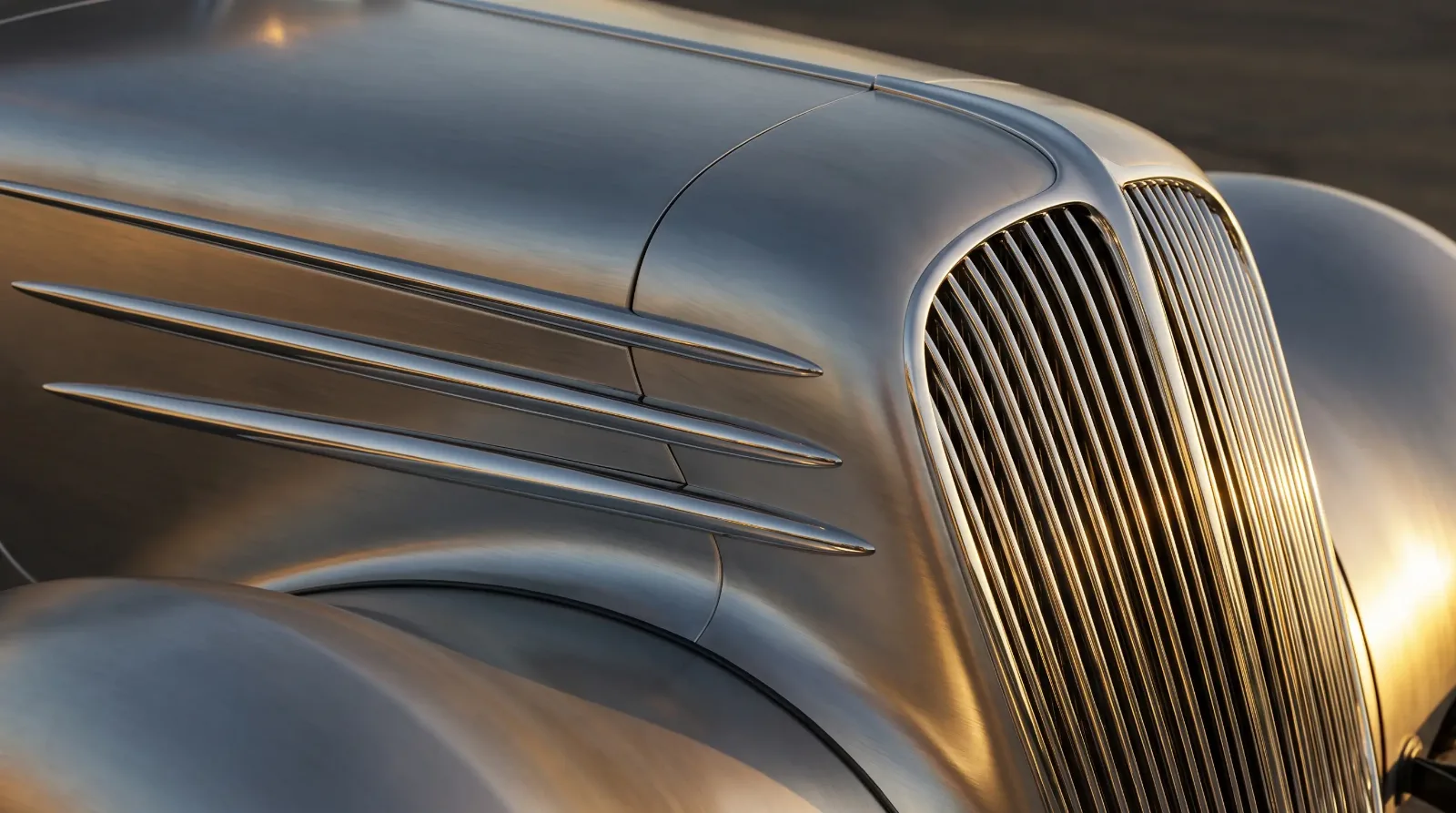 Chrome speedlines on a 1930s machine age hood and grille