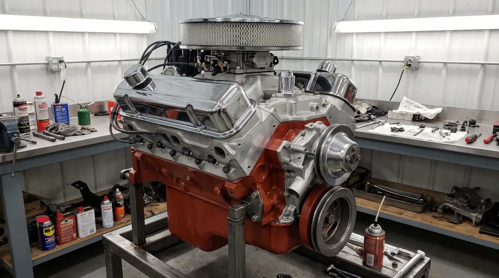 Chrysler 440 RB big-block V8 engine on an engine stand