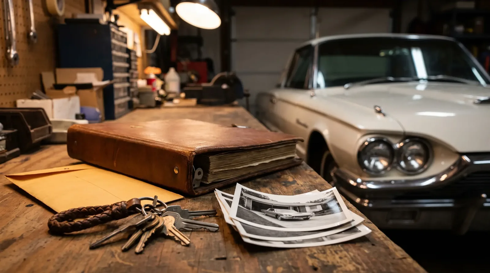 Receipt binder, old ownership photos and keys on a workbench beside a white Thunderbird
