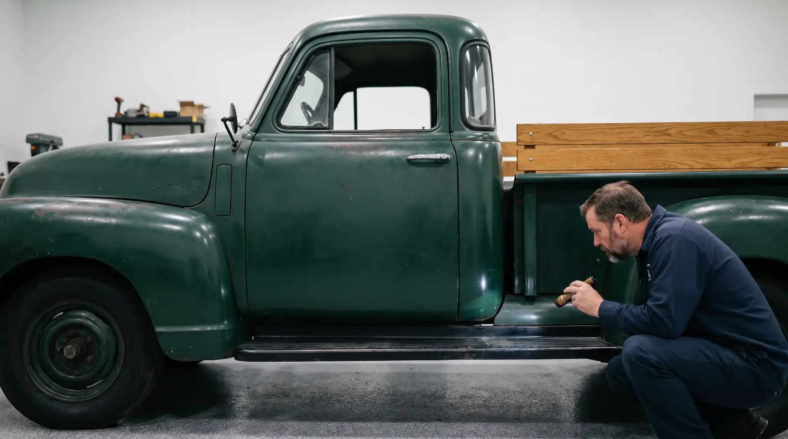 Appraiser checks the rocker panel of a green 1952 Chevrolet 3100 pickup with a flashlight