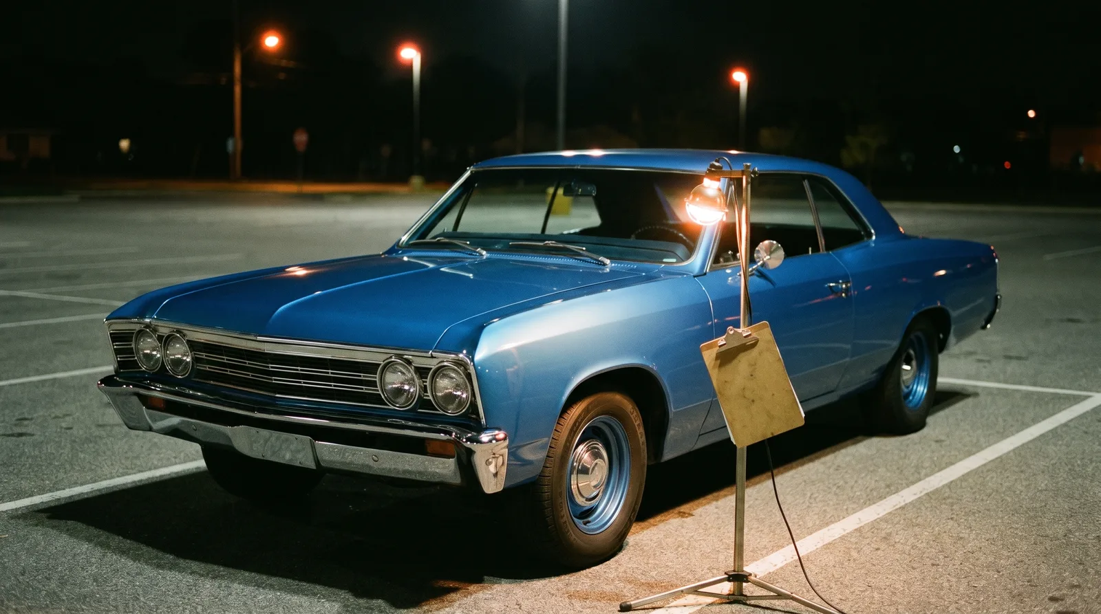1967 Chevrolet Chevelle Malibu, appraisal work lamp in a night lot