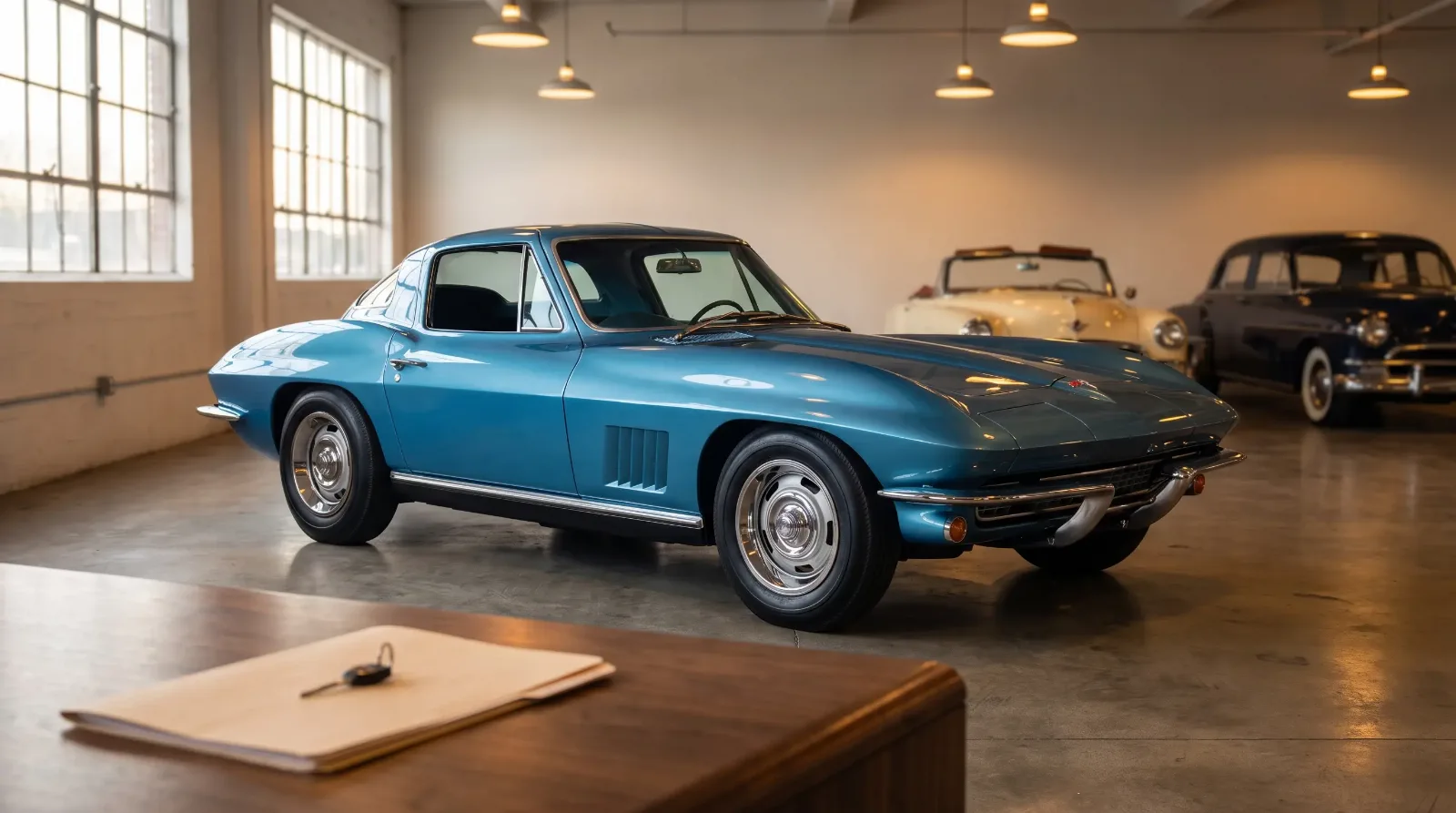 Blue 1967 Corvette Sting Ray coupe on a consignment dealer's showroom floor