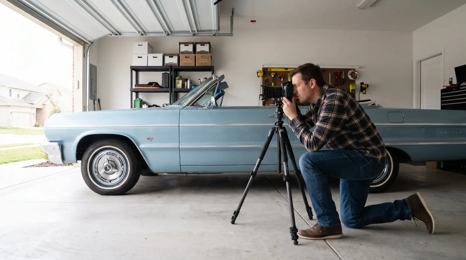 Seller photographing a light blue 1960s convertible in a home garage for a remote consignment listing