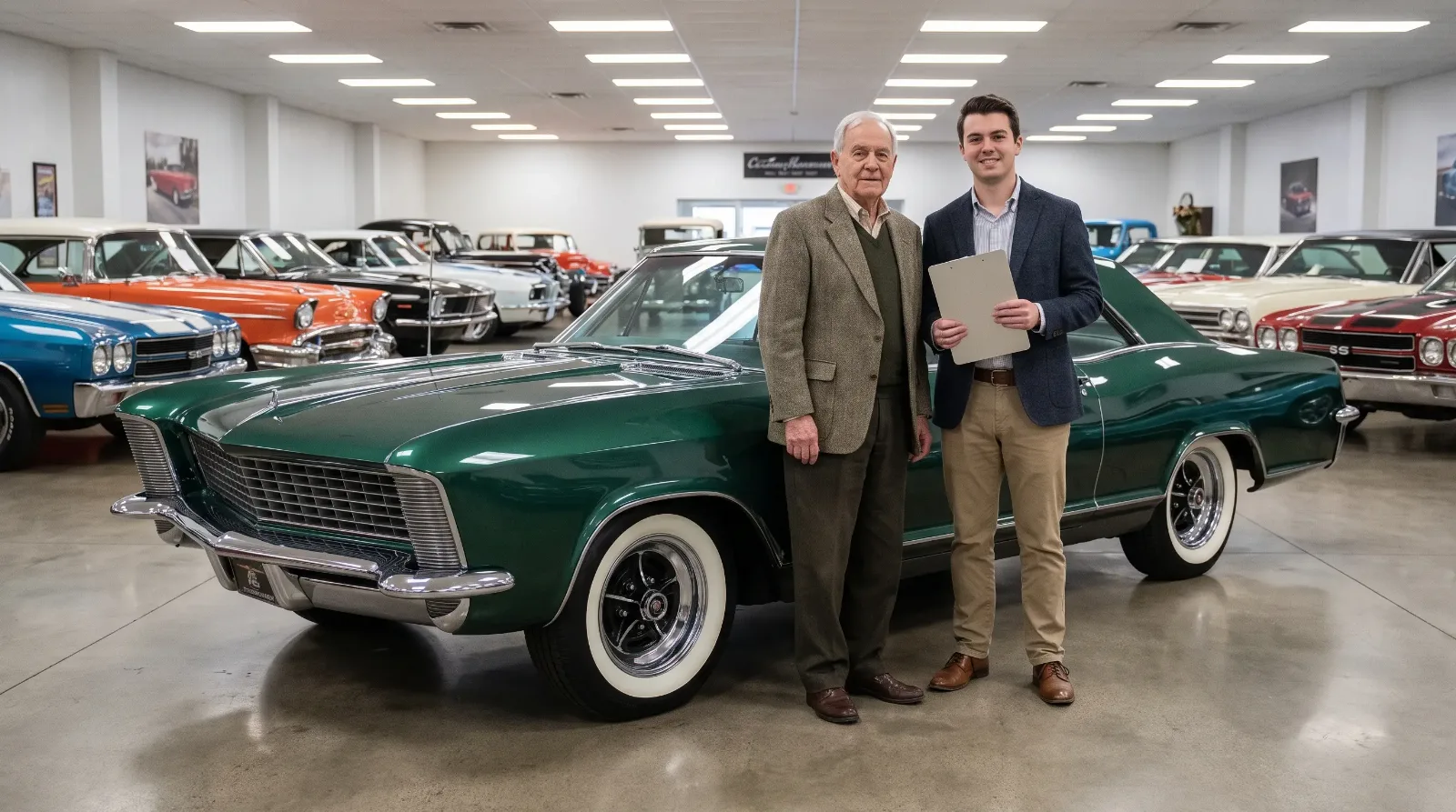 Classic car owner and consignment dealer beside a dark green 1960s hardtop in a showroom
