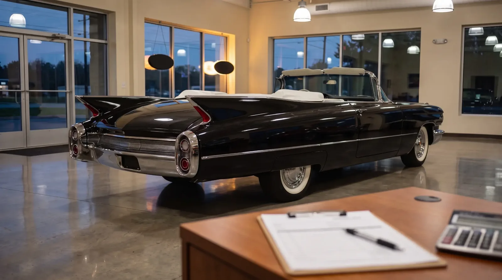 Black 1960 Cadillac Eldorado Biarritz in a showroom beside a sales desk with paperwork