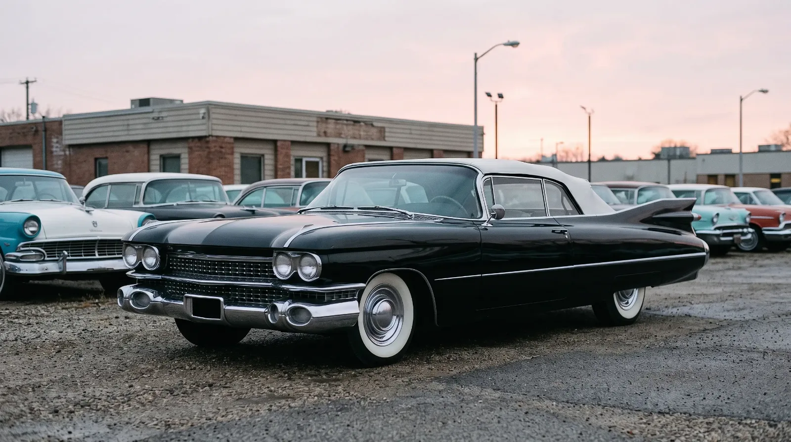 A classic car dealer lot at dawn with a 1959 Cadillac Eldorado Biarritz
