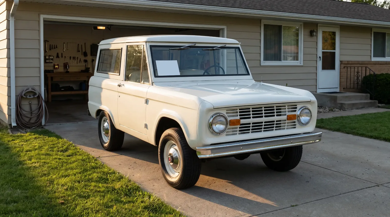 White 1972 Ford Bronco for sale in a ranch house driveway at sunset