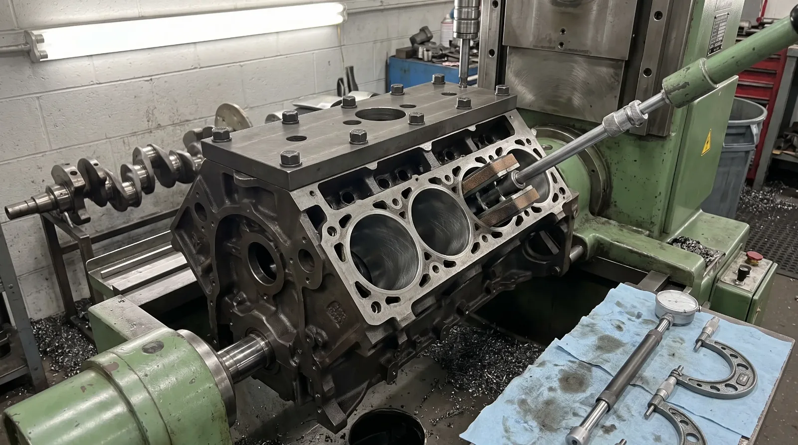 Bare cast iron V8 block on a boring and honing machine with a torque plate bolted to the deck, bore gauge and micrometers beside it