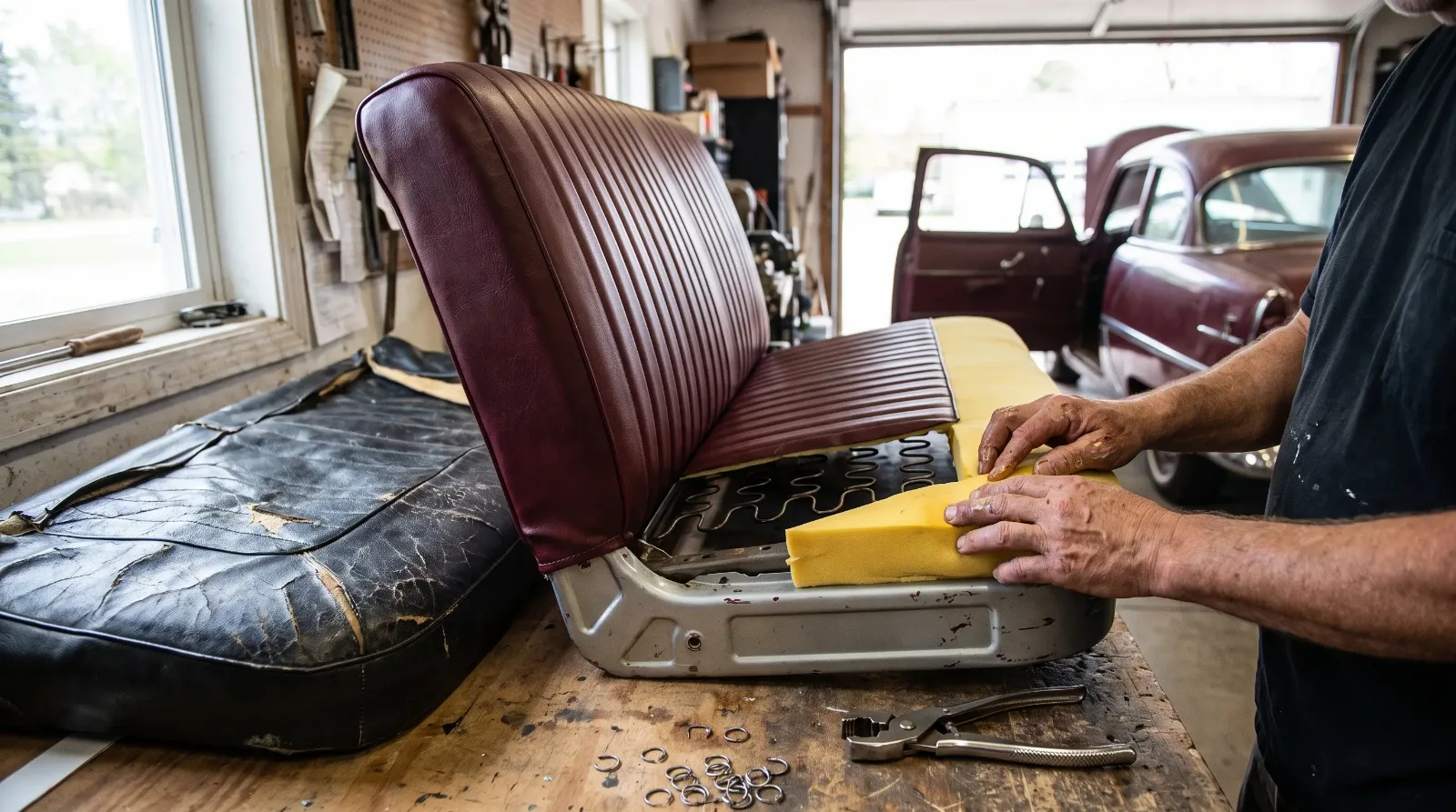 Upholsterer rebuilding a vintage bench seat with new foam, springs and a pleated vinyl cover, the old original cover kept beside it as a pattern