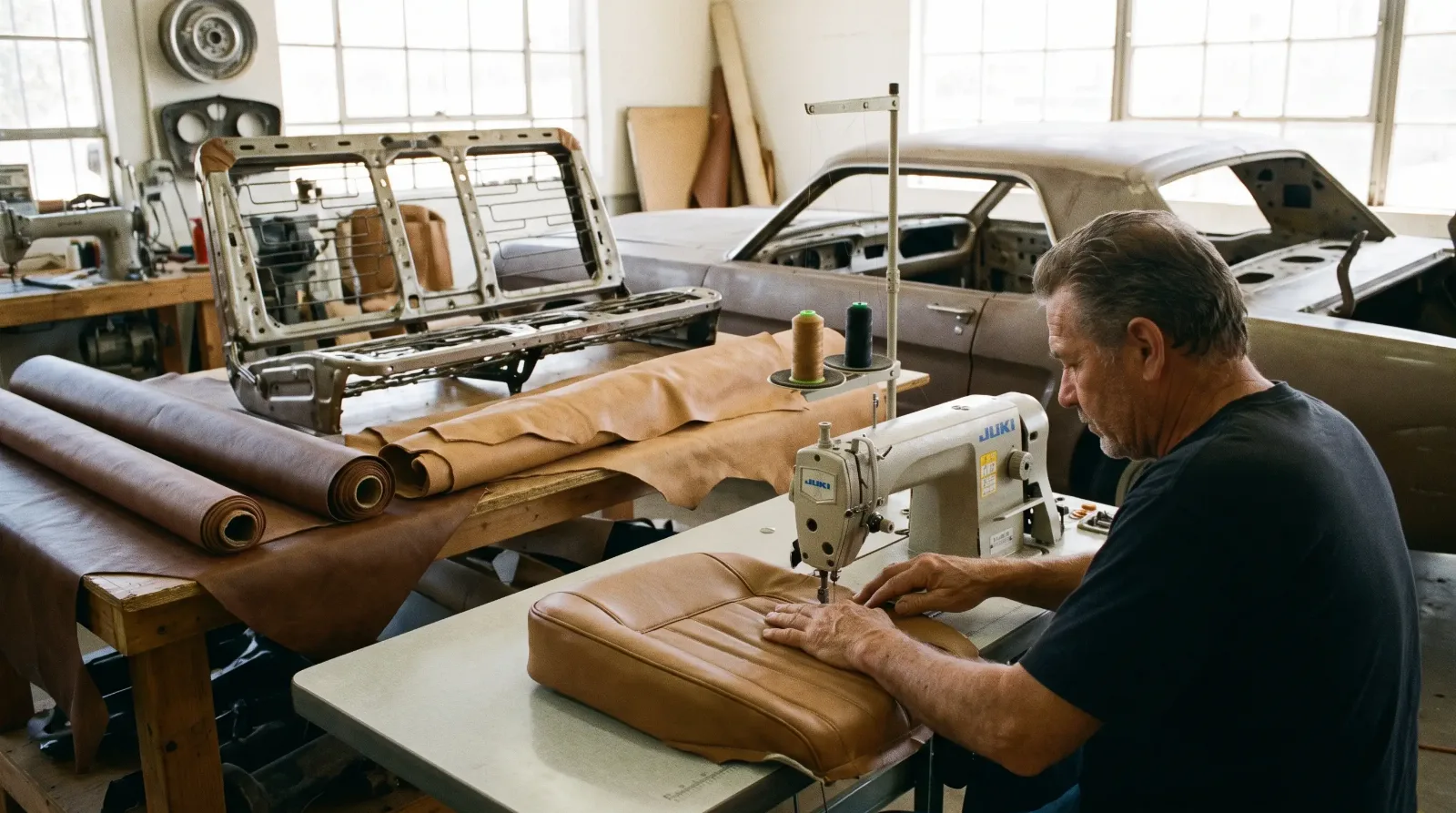 Upholsterer sewing tan leather seat covers in a classic car trim shop
