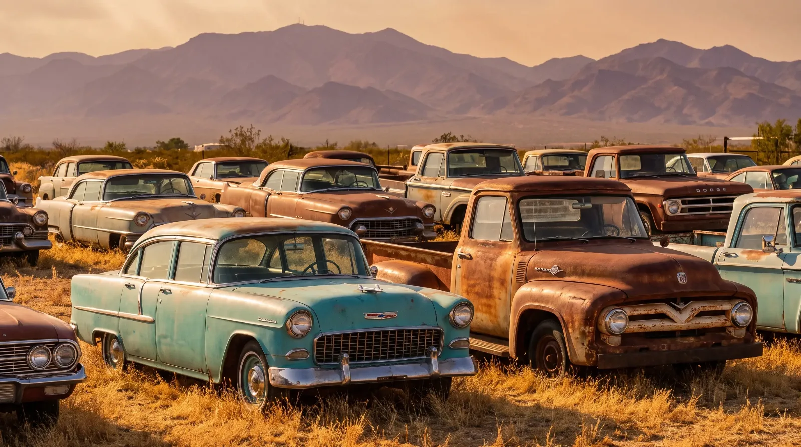 Rows of weathered 1950s and 1960s cars and a farm pickup in a dry rural salvage yard at golden hour